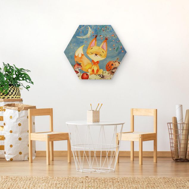 Hexagons houten schilderijen Watercolor Fox In Autumn