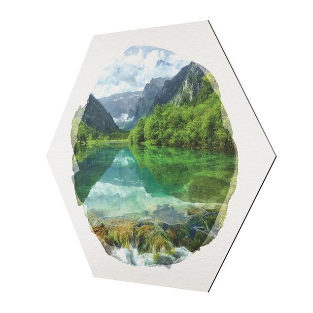 Hexagons Aluminium Dibond schilderijen WaterColours - Mountain Lake With Mirroring
