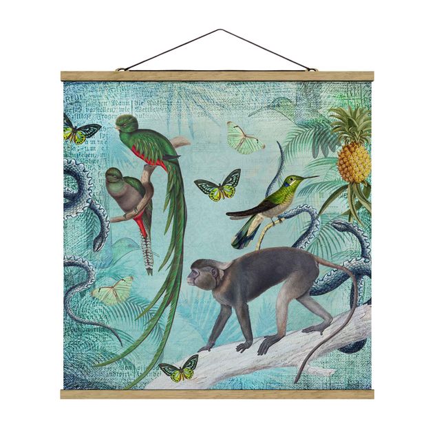 Stoffen schilderij met posterlijst Colonial Style Collage - Monkeys And Birds Of Paradise