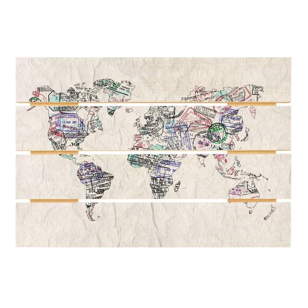 Houten schilderijen op plank Passport Stamp World Map