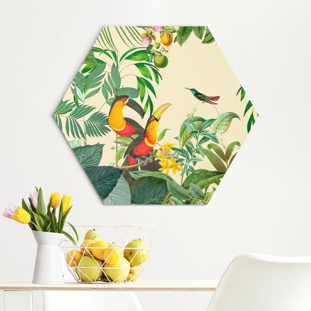 Hexagons Aluminium Dibond schilderijen Vintage Collage - Birds In The Jungle
