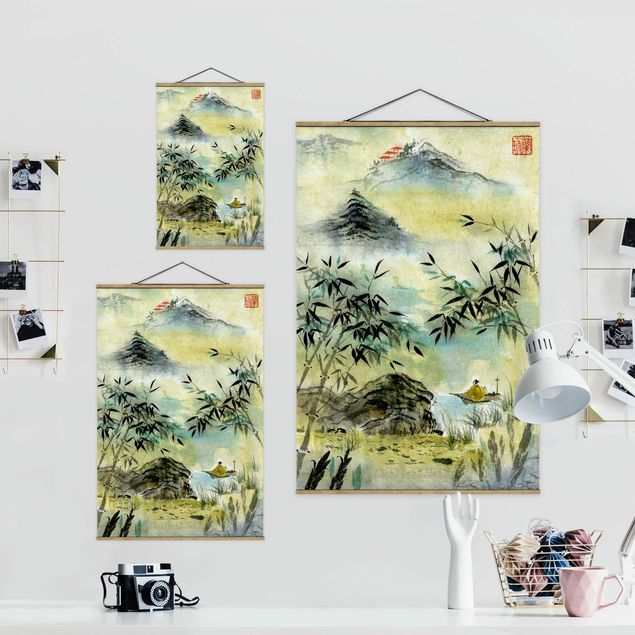 Stoffen schilderij met posterlijst Japanese Watercolour Drawing Bamboo Forest