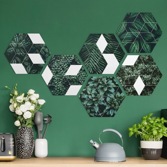 Hexagons Aluminium Dibond schilderijen - 6-delig Green Leaves Geometry Set II