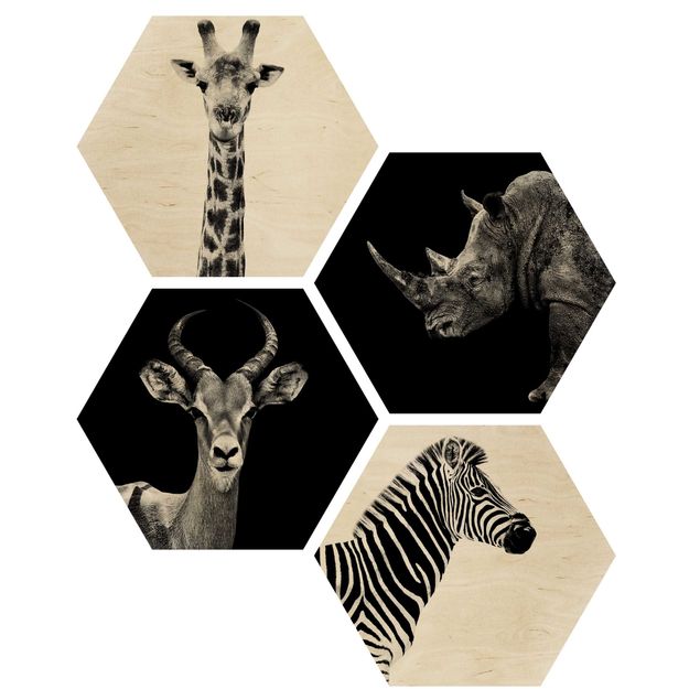 Hexagons houten schilderijen - 4-delig Safari Quartet