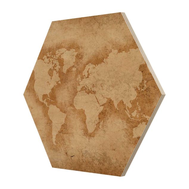 Hexagons houten schilderijen Antique World Map