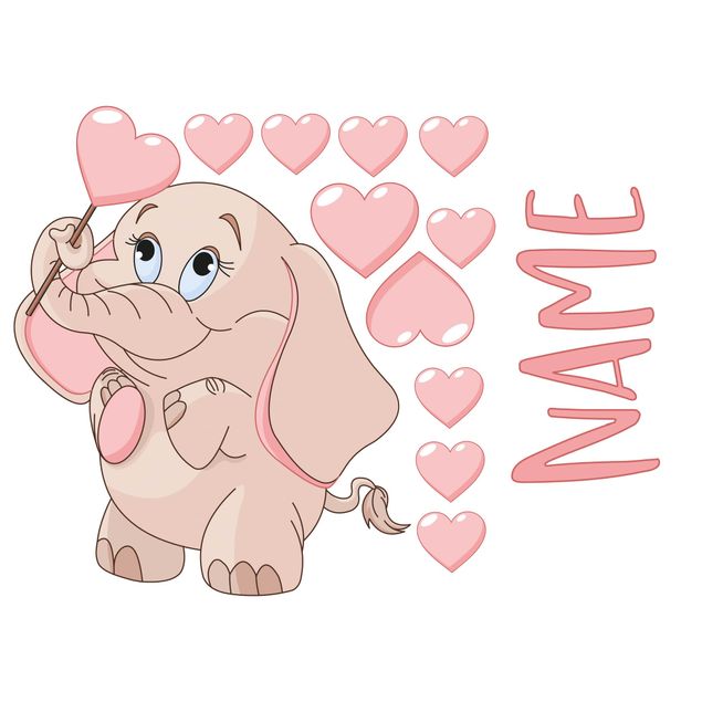 Muurstickers dieren Pink Baby Elephant With Many Hearts