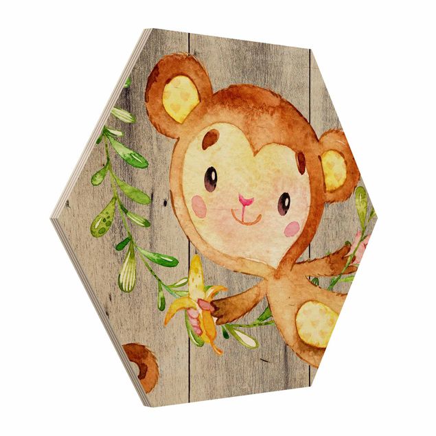 Hexagons houten schilderijen Watercolor Monkey On Wood
