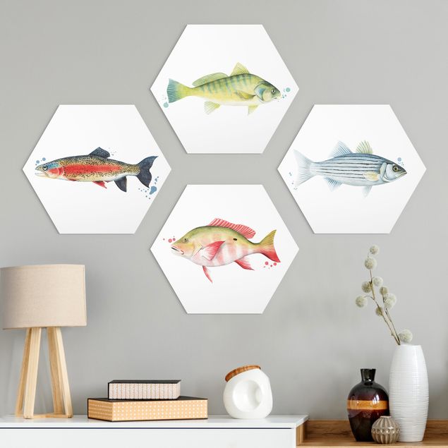 Hexagons Aluminium Dibond schilderijen - 4-delig Ink Trap - Fish Set I