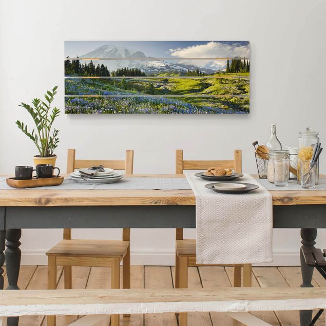 Houten schilderijen op plank - Mountain Meadow With Blue Flowers in Front of Mt. Rainier