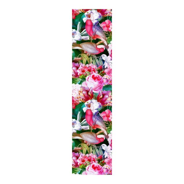 Schuifgordijnen Colourful Tropical Flowers With Birds Pink