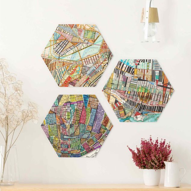 Hexagons Forex schilderijen - 3-delig Modern Maps Boston - Montreal - St. Louis