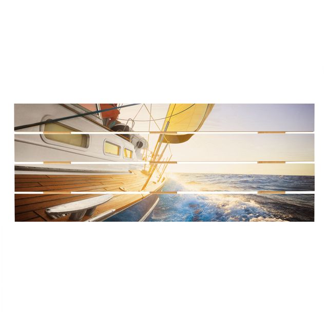 Houten schilderijen op plank Sailboat On Blue Ocean In Sunshine