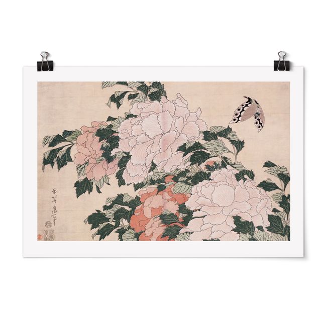 Posters Katsushika Hokusai - Pink Peonies With Butterfly