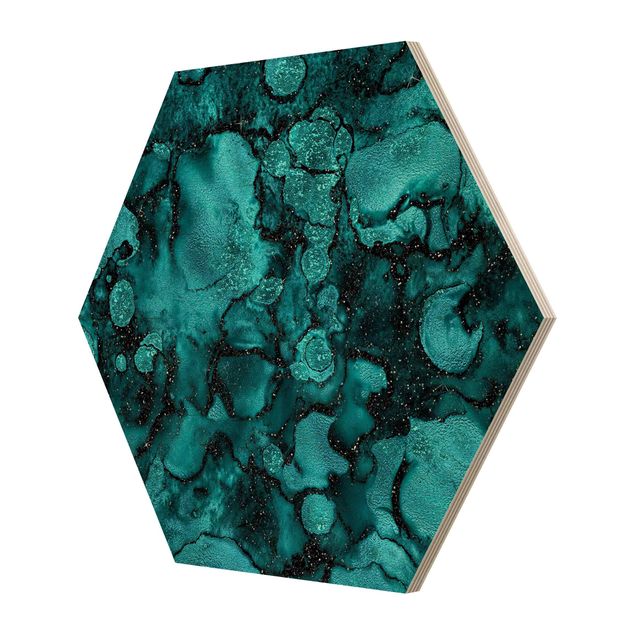 Hexagons houten schilderijen Turquoise Drop With Glitter