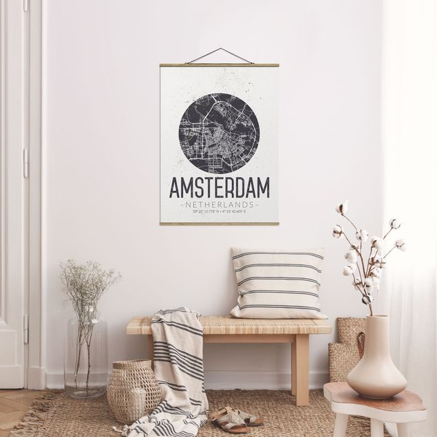 Stoffen schilderij met posterlijst Amsterdam City Map - Retro