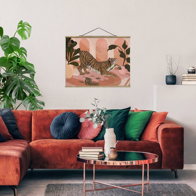 Stoffen schilderij met posterlijst Illustration Tiger In Pastel Pink Painting