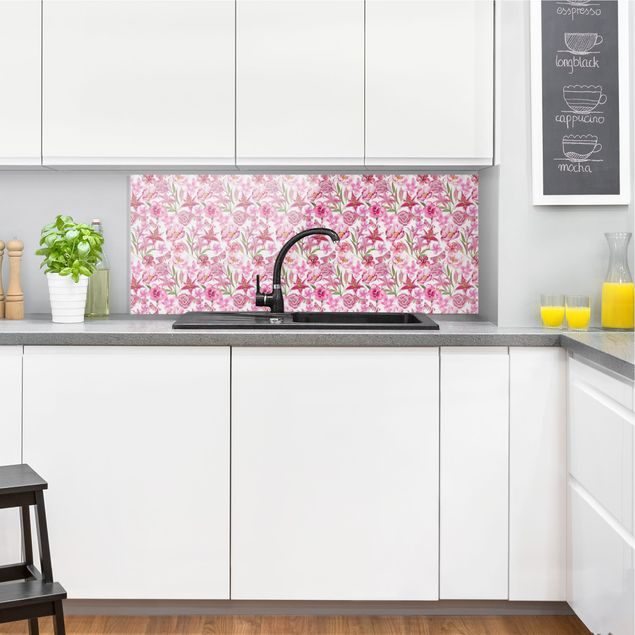 Spatscherm keuken Pink Flowers With Butterflies