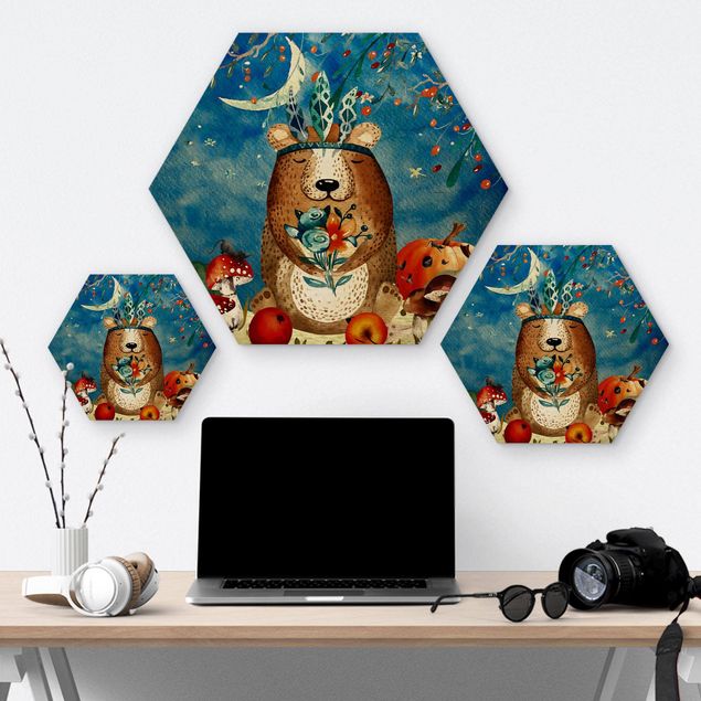 Hexagons houten schilderijen Watercolor Bear In Moonlight