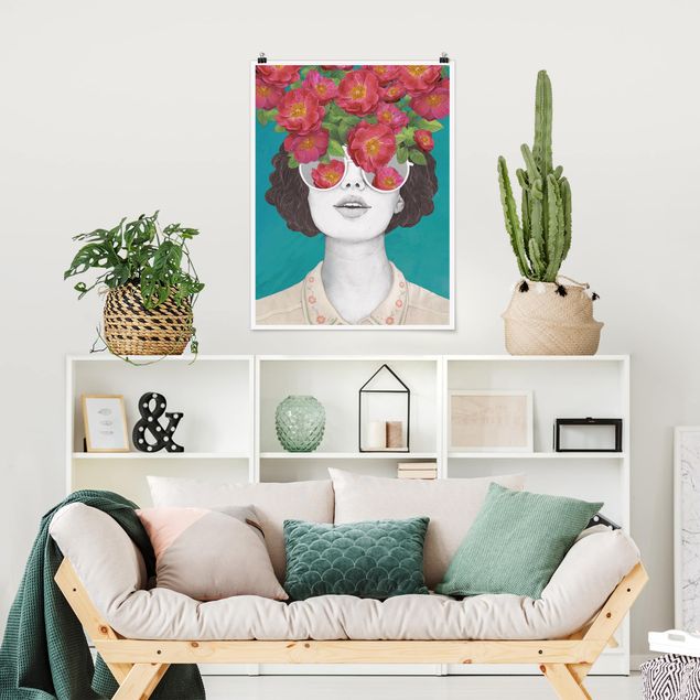Posters Illustration Portrait Woman Collage With Flowers Glasses