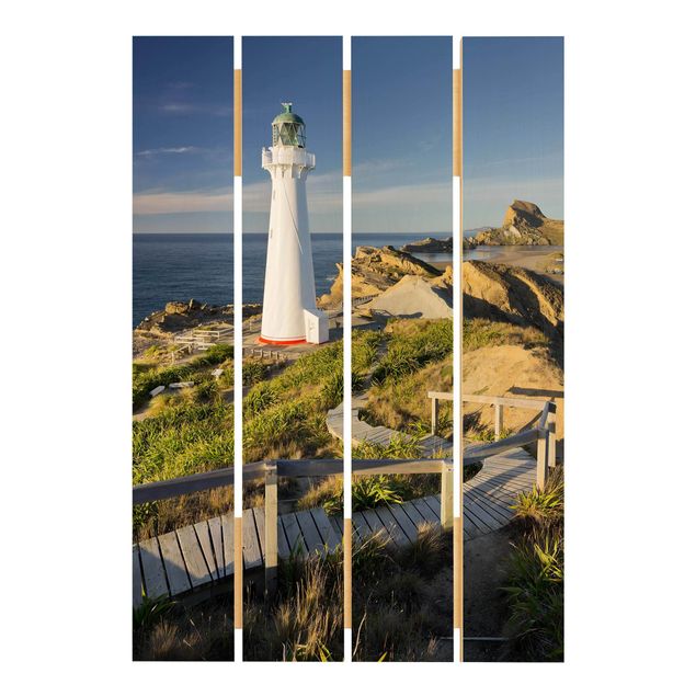 Houten schilderijen op plank Castle Point Lighthouse New Zealand