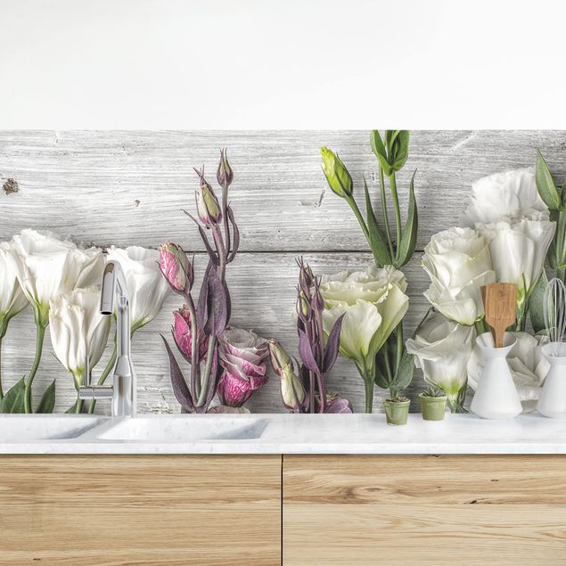 Achterwand voor keuken bloemen Tulip Rose Shabby Wood Look