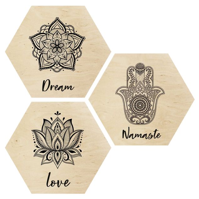 Hexagons houten schilderijen - 3-delig Mandala Namaste Lotus Set Black White