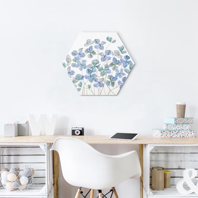 Hexagons Aluminium Dibond schilderijen Blue Hydrangea Flowers