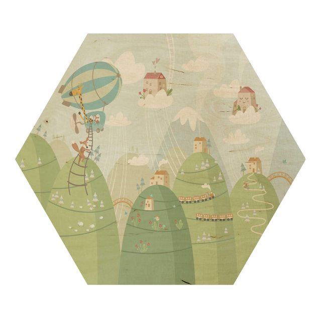 Hexagons houten schilderijen Forest With Houses And Animals
