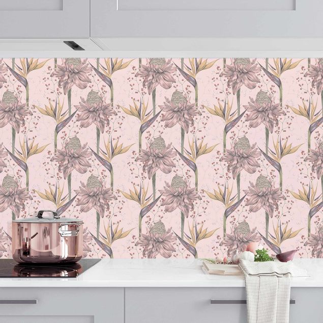 Achterwand voor keuken patroon Floral Elegance Vintage Strelitzia On Pink Backdrop XXL