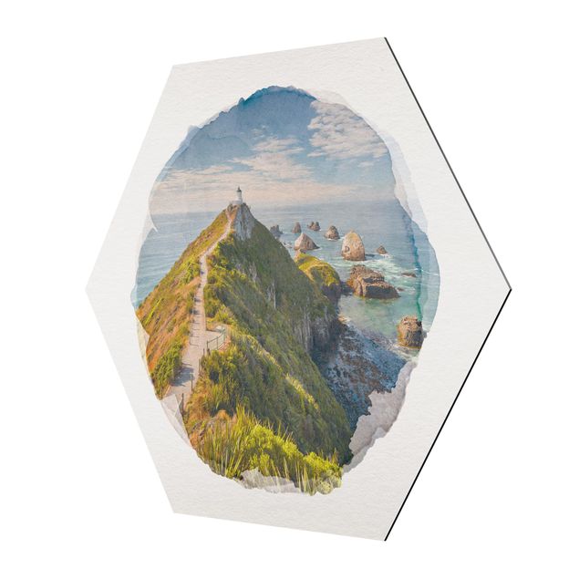 Hexagons Aluminium Dibond schilderijen WaterColours - Nugget Point Lighthouse And Sea New Zealand