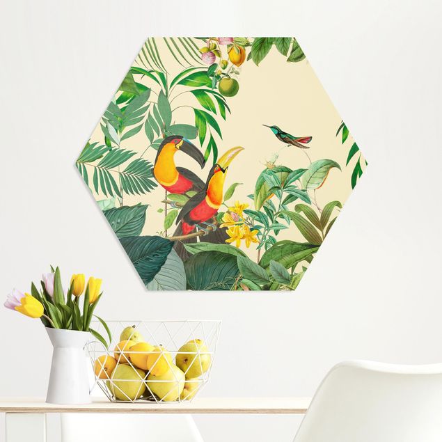 Hexagons Forex schilderijen Vintage Collage - Birds In The Jungle