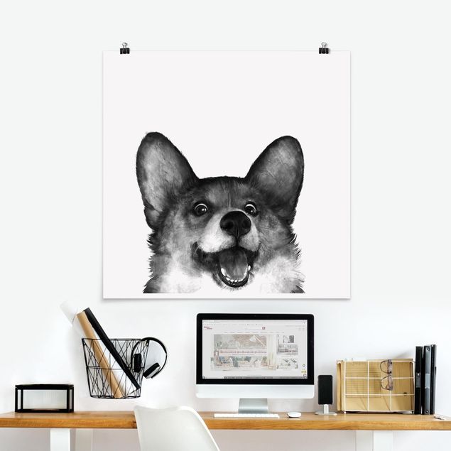 Posters Illustration Dog Corgi Black And White Painting