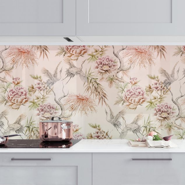 Achterwand voor keuken patroon Watercolour Birds With Large Flowers In Ombre