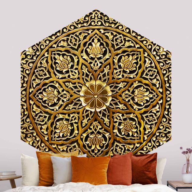 Hexagon Behang Noble Mandala In Wood Look