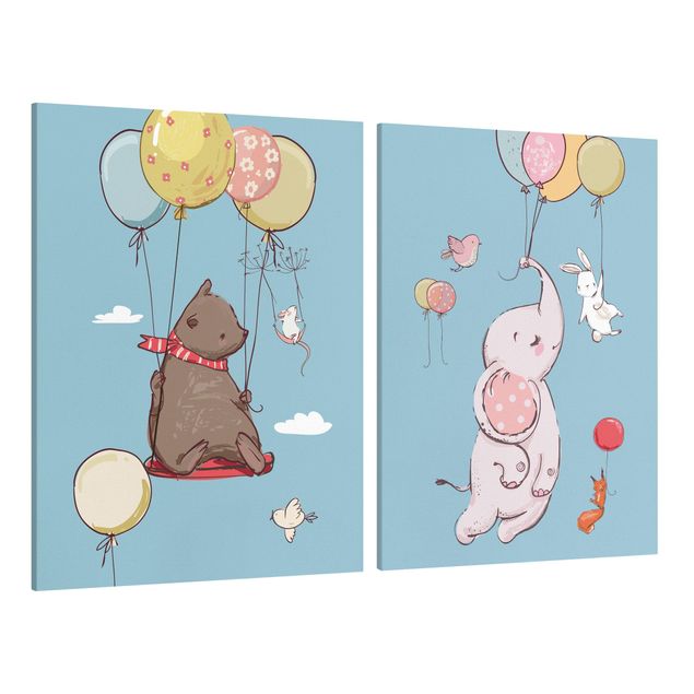 Canvas schilderijen - 2-delig  Cute Animals Fly On Balloon