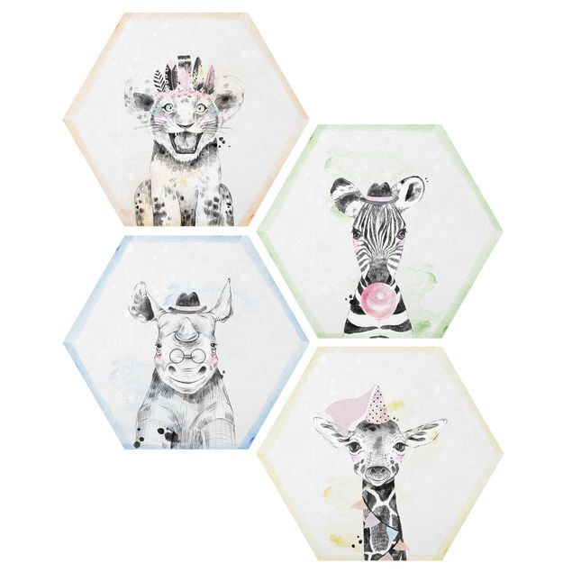 Hexagons Forex schilderijen - 4-delig Funny Safari Animals