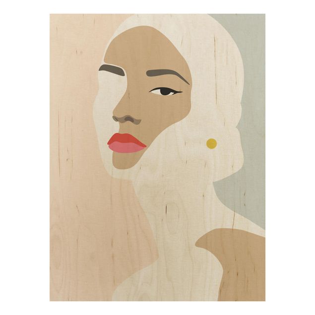 Houten schilderijen Line Art Portrait Woman Pastel Grey