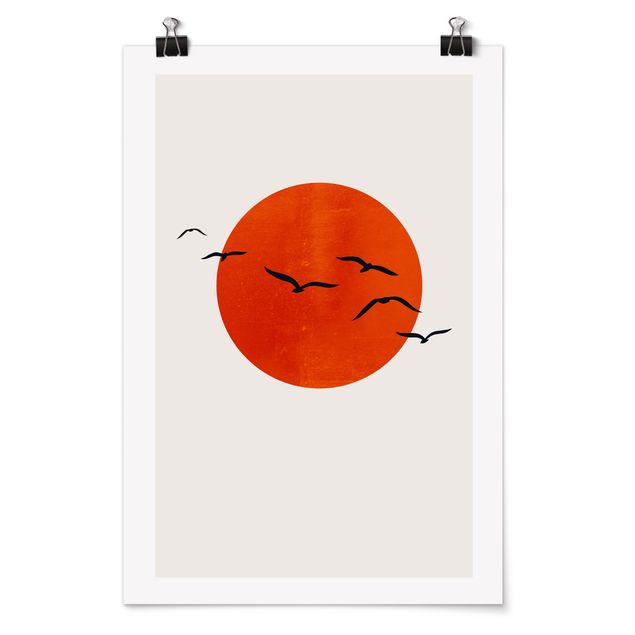 Posters Flock Of Birds In Front Of Red Sun I