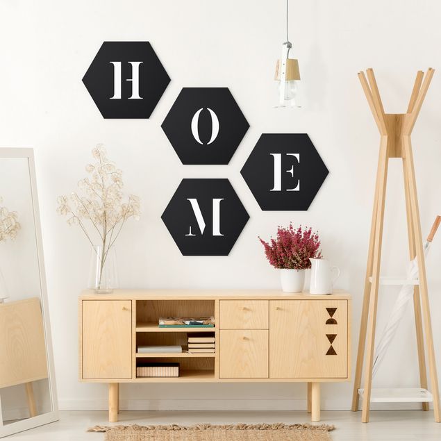 Hexagons Forex schilderijen - 4-delig Letters HOME White Set II