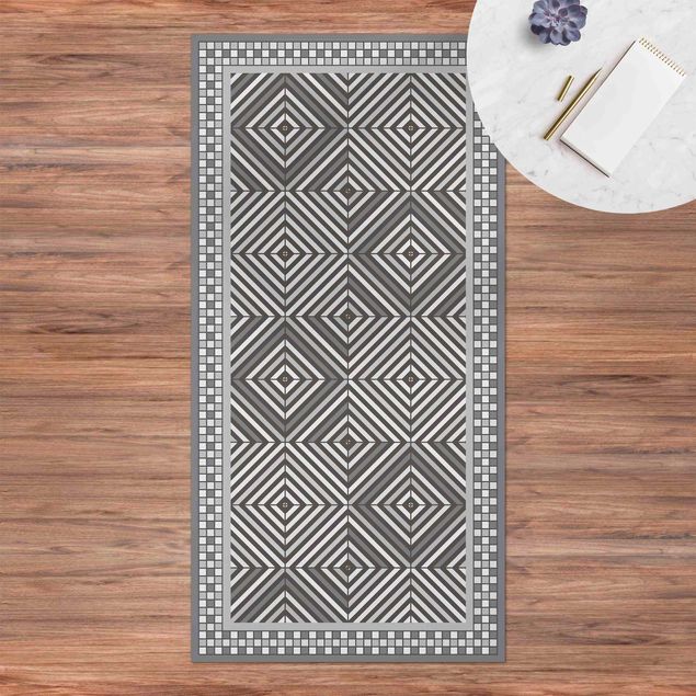 Loper tapijt Geometrical Tiles Vortex Grey With Narrow Mosaic Frame