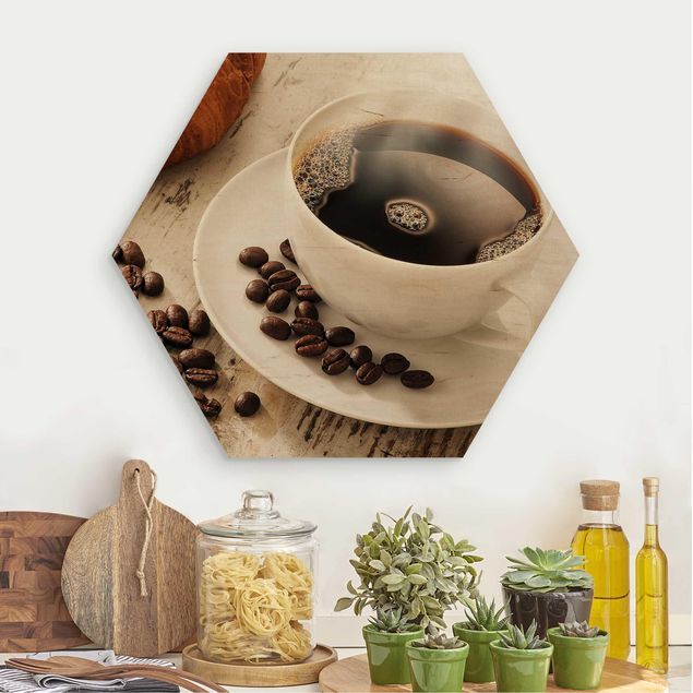 Hexagons houten schilderijen Steaming coffee cup with coffee beans