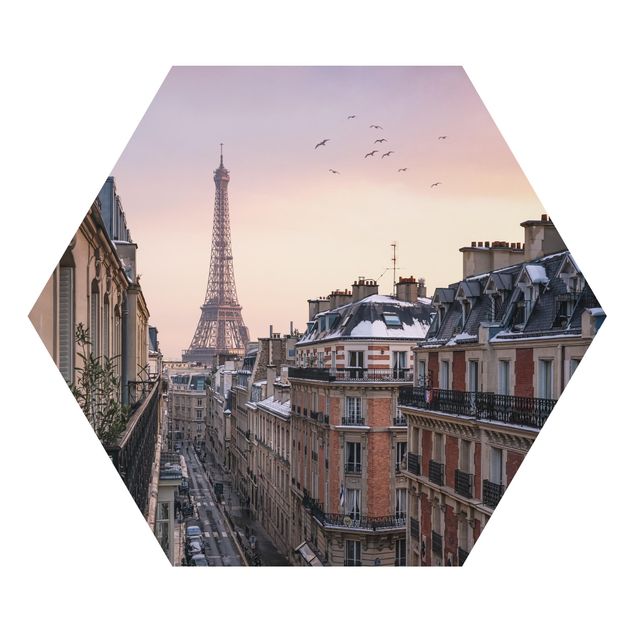 Hexagons Aluminium Dibond schilderijen The Eiffel Tower In The Setting Sun