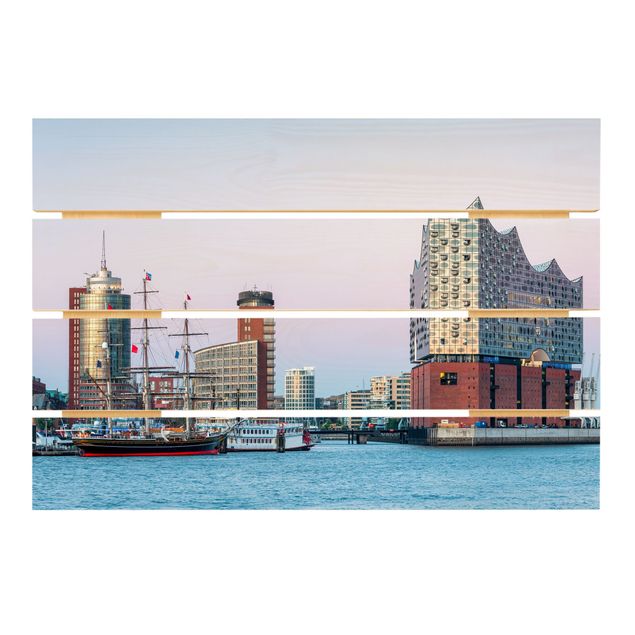 Houten schilderijen op plank Elbphilharmonie Hamburg
