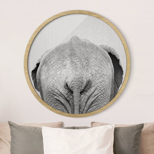 Runde gerahmte Bilder Elephant From Behind Black And White