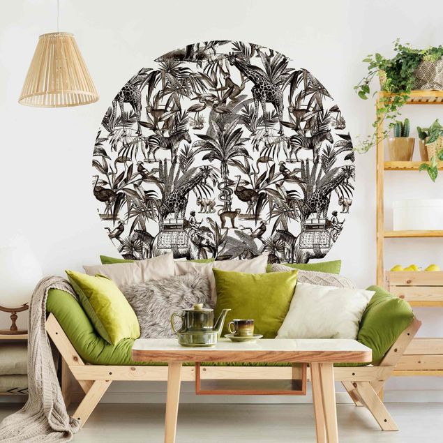 Behangcirkel Elephants Giraffes Zebras And Tiger Black And White With Brown Tone