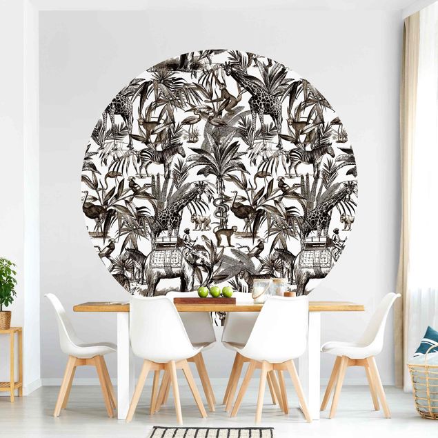 Behangcirkel Elephants Giraffes Zebras And Tiger Black And White With Brown Tone