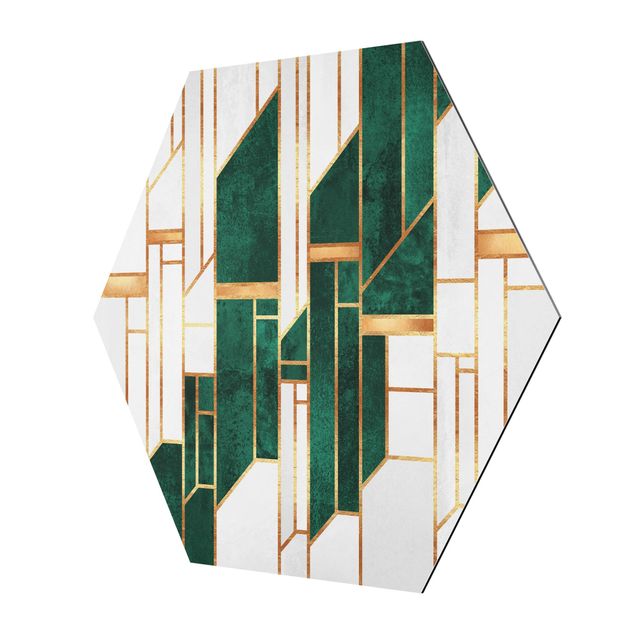 Hexagons Aluminium Dibond schilderijen Emerald And gold Geometry
