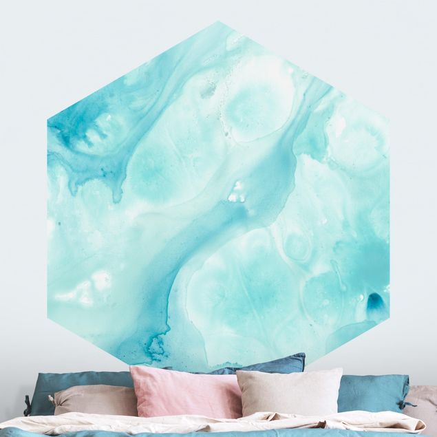 Hexagon Behang Emulsion In White And Turquoise I