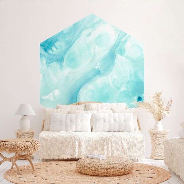 Hexagon Behang Emulsion In White And Turquoise I