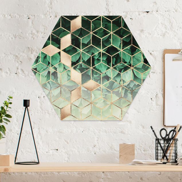 Hexagons Forex schilderijen Green Leaves Golden Geometry